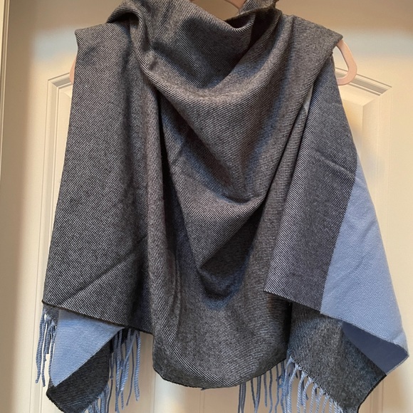 JCrew (multi colors of blue) Cape Scarf Wrap with med. blue fringe. Like new. - Picture 3 of 9